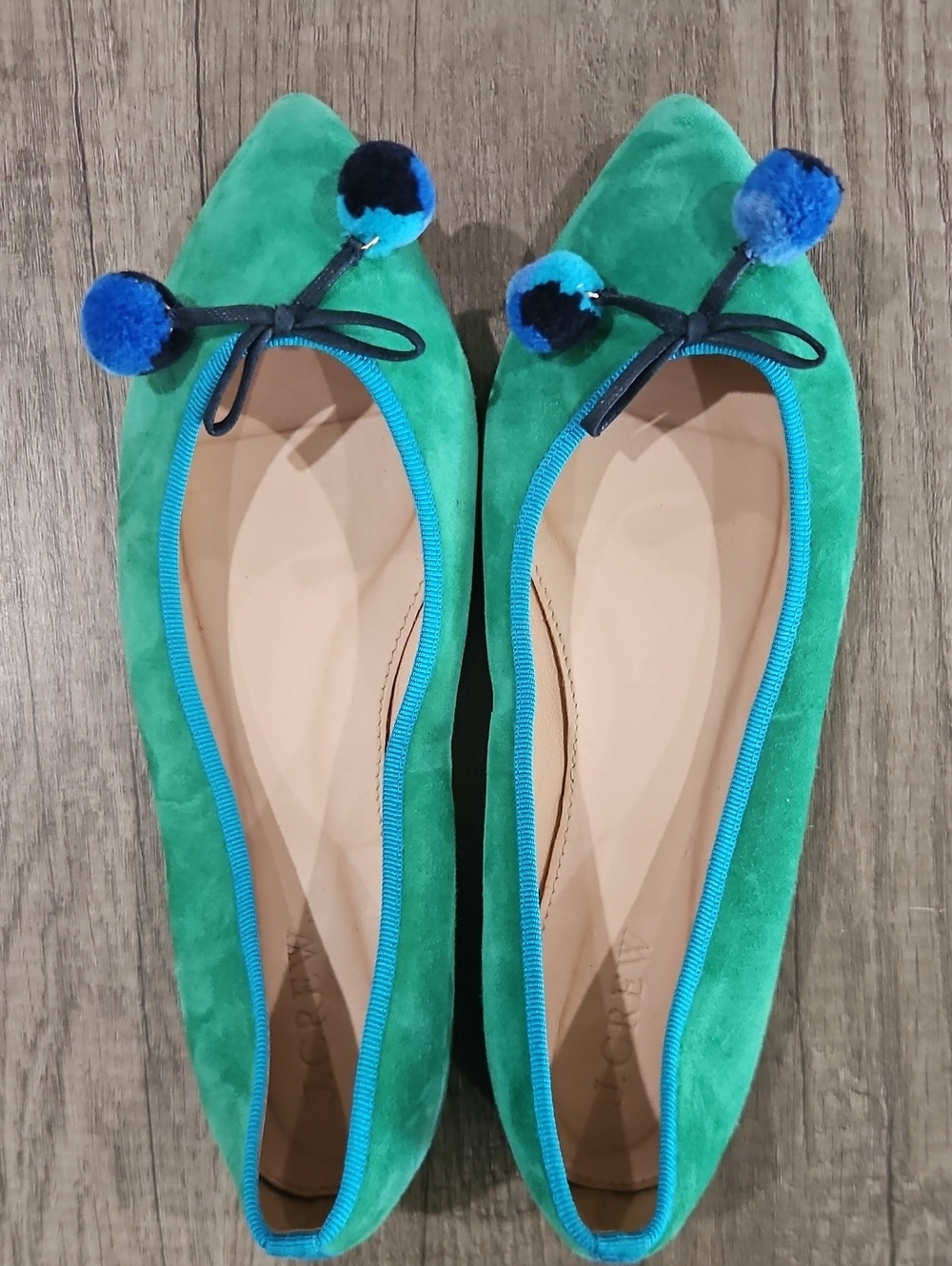 J. Crew Green Suede Ballet Flats with Blue Pom-Pom Trim size 6.5